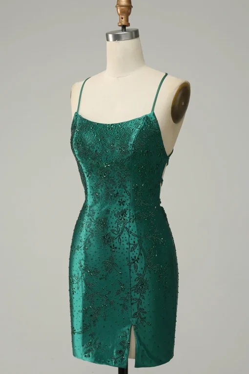 Dark Green Beaded Bodycon Prom Dress With Criss Cross Back