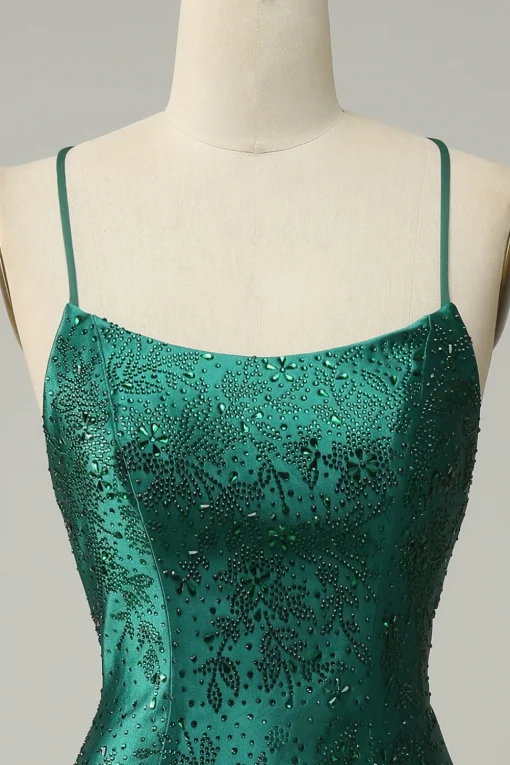 Dark Green Beaded Bodycon Prom Dress With Criss Cross Back
