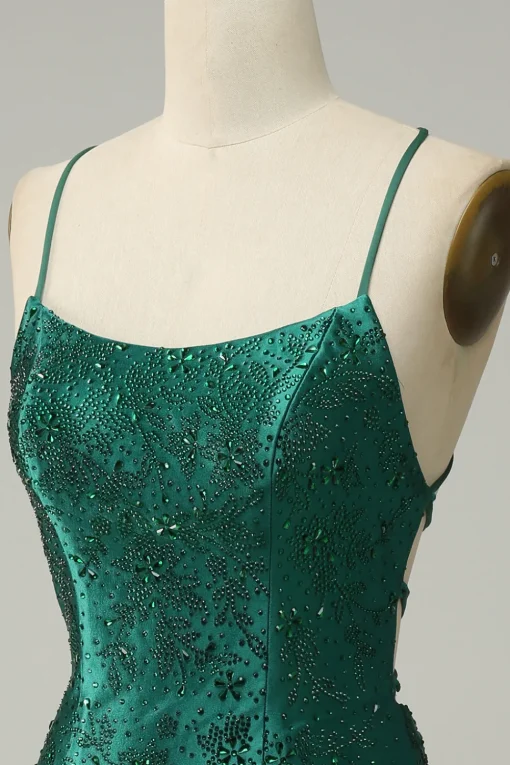 Dark Green Beaded Bodycon Prom Dress With Criss Cross Back