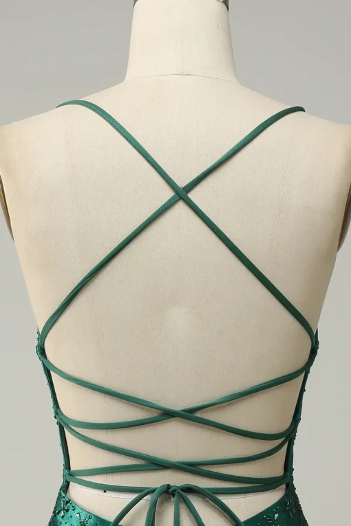 Dark Green Beaded Bodycon Prom Dress With Criss Cross Back