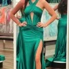 Dark Green Corset Halter Neck Satin Long Mermaid Prom Dress with Slit