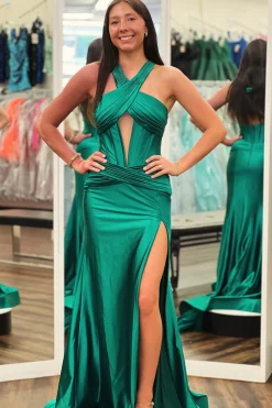 Dark Green Corset Halter Neck Satin Long Mermaid Prom Dress with Slit