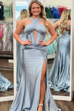 Dark Green Corset Halter Neck Satin Long Mermaid Prom Dress with Slit