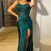 Dark Green Corset Ruched Spaghetti Straps Prom Dress with Slit