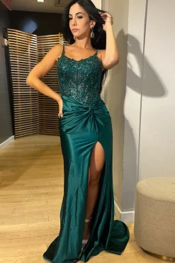 Dark Green Corset Ruched Spaghetti Straps Prom Dress with Slit