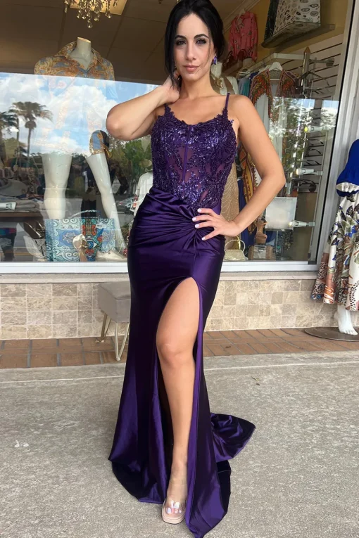Dark Green Corset Ruched Spaghetti Straps Prom Dress with Slit