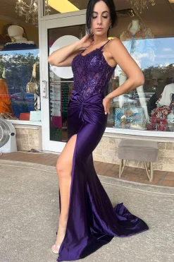 Dark Green Corset Ruched Spaghetti Straps Prom Dress with Slit