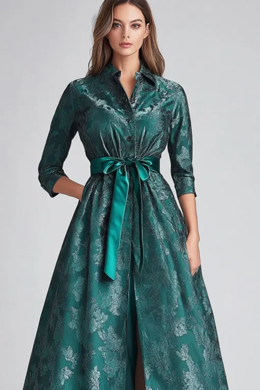 Dark Green Floral A Line Mother of Bride Dress with Pockets