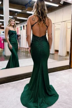 Dark Green Halter Mermaid Prom Dress with Beading