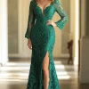 Dark Green Mermaid Long Sleeve Lace Long Mother of the Bride Dress with Slit