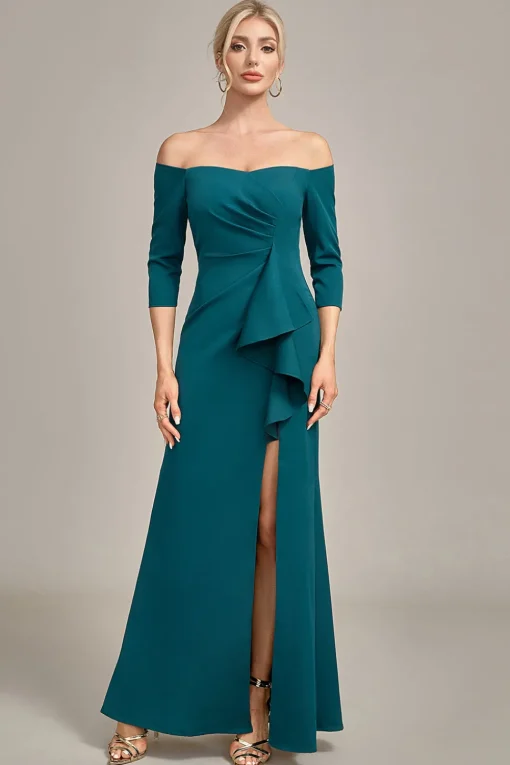 Dark Green Mermaid Off The Shoulder Cascading Ruffled Mother Of The Bride Dress