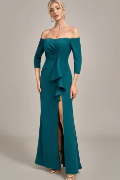 Dark Green Mermaid Off The Shoulder Cascading Ruffled Mother Of The Bride Dress