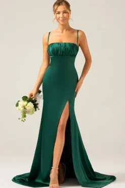 Dark Green Mermaid Spaghetti Straps Satin Long Bridesmaid Dress with Pleated