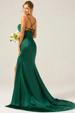 Dark Green Mermaid Spaghetti Straps Satin Long Bridesmaid Dress with Pleated