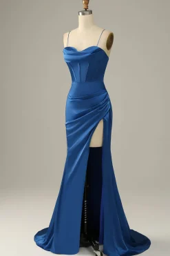 Dark Green Mermaid Spaghetti Straps Satin Prom Dress with Slit