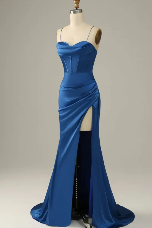 Dark Green Mermaid Spaghetti Straps Satin Prom Dress with Slit
