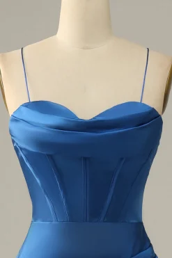 Dark Green Mermaid Spaghetti Straps Satin Prom Dress with Slit
