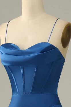 Dark Green Mermaid Spaghetti Straps Satin Prom Dress with Slit