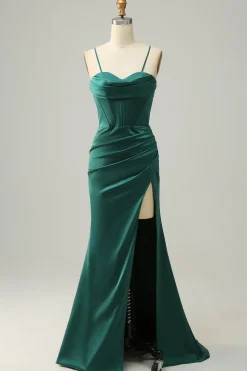 Dark Green Mermaid Spaghetti Straps Satin Prom Dress with Slit
