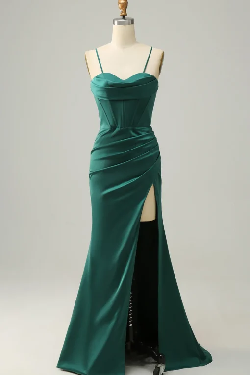 Dark Green Mermaid Spaghetti Straps Satin Prom Dress with Slit