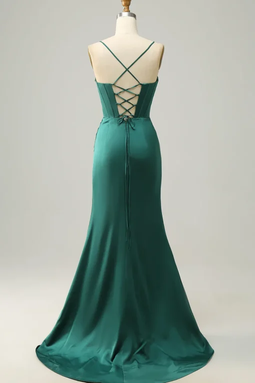 Dark Green Mermaid Spaghetti Straps Satin Prom Dress with Slit