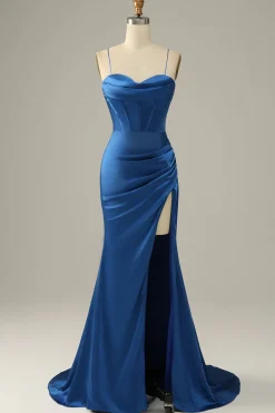 Dark Green Mermaid Spaghetti Straps Satin Prom Dress with Slit