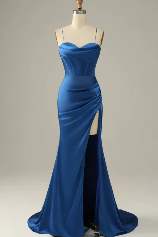 Dark Green Mermaid Spaghetti Straps Satin Prom Dress with Slit