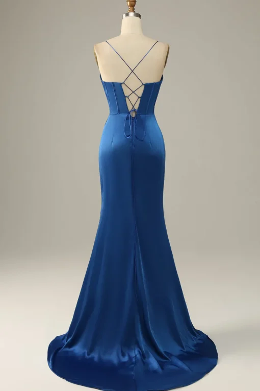 Dark Green Mermaid Spaghetti Straps Satin Prom Dress with Slit