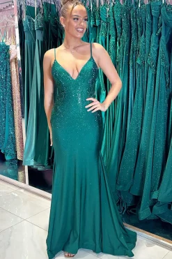 Dark Green Mermaid Sparkly Beaded Spaghetti Staps Long Prom Dress