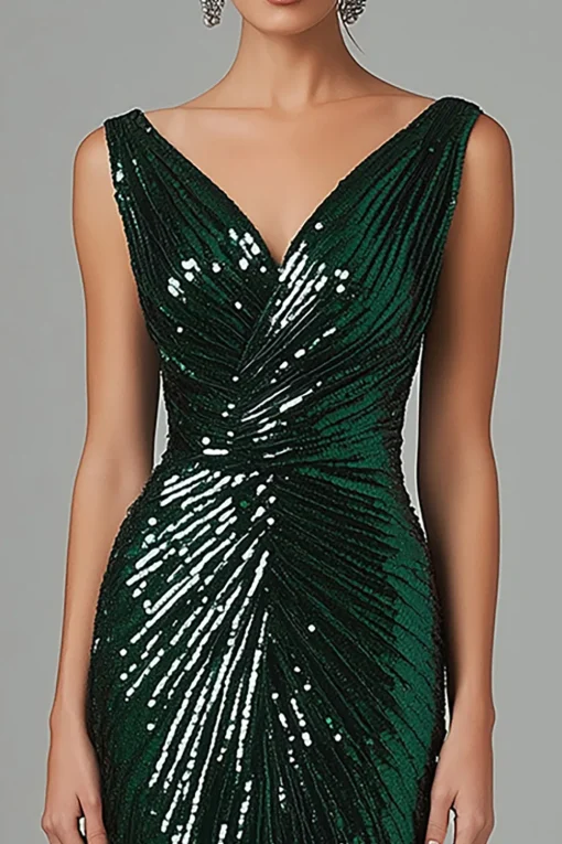 Dark Green Mermaid V-Neck Sequins Pleated Formal Dress