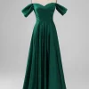 Dark Green Off the Shouder A Line Satin Long Bridesmaid Dress