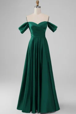 Dark Green Off the Shouder A Line Satin Long Bridesmaid Dress