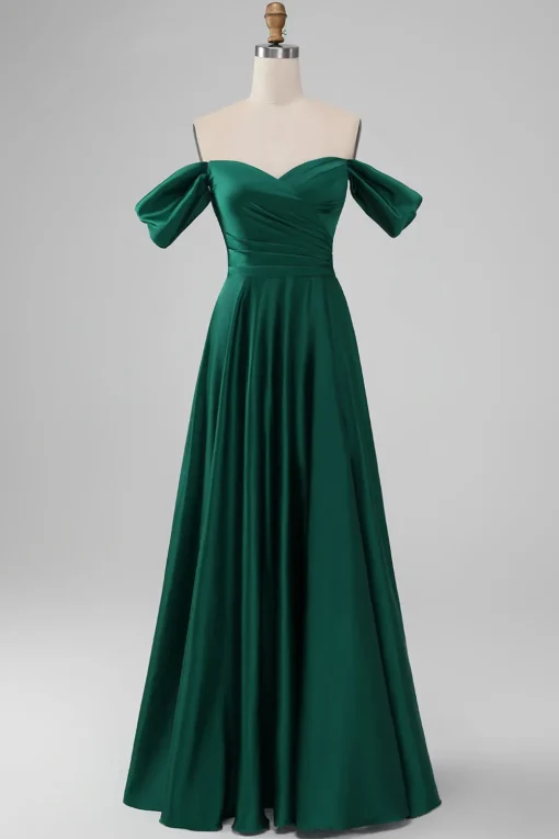 Dark Green Off the Shouder A Line Satin Long Bridesmaid Dress