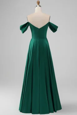 Dark Green Off the Shouder A Line Satin Long Bridesmaid Dress