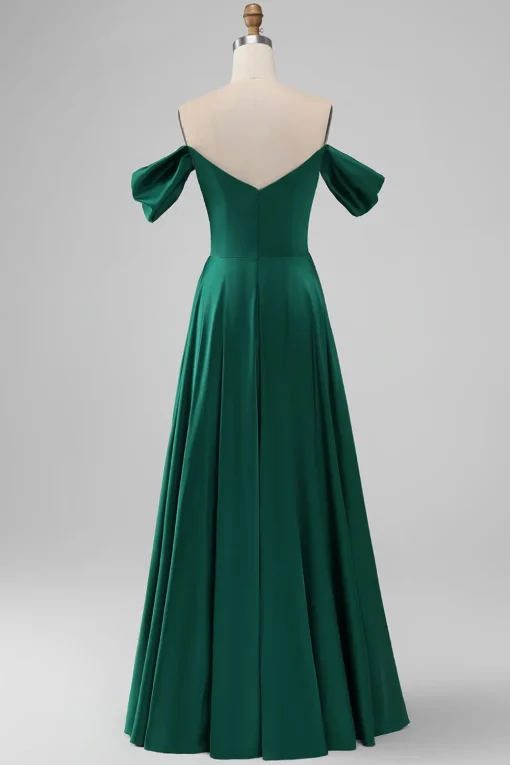 Dark Green Off the Shouder A Line Satin Long Bridesmaid Dress