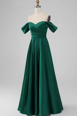 Dark Green Off the Shouder A Line Satin Long Bridesmaid Dress