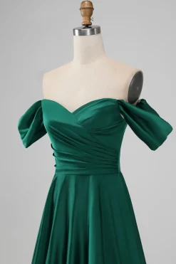 Dark Green Off the Shouder A Line Satin Long Bridesmaid Dress