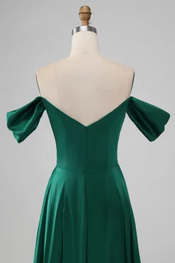 Dark Green Off the Shouder A Line Satin Long Bridesmaid Dress