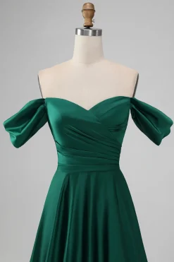 Dark Green Off the Shouder A Line Satin Long Bridesmaid Dress
