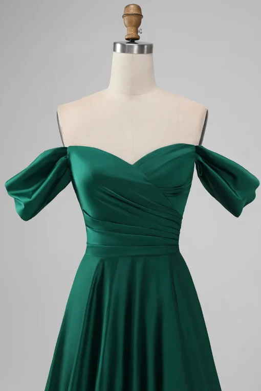 Dark Green Off the Shouder A Line Satin Long Bridesmaid Dress