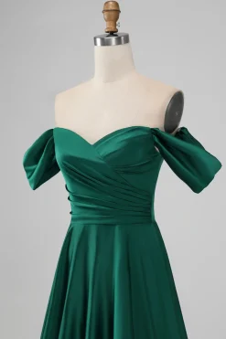 Dark Green Off the Shoulder Satin Bridesmaid Dress with Pleated