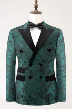 Dark Green Peak Lapel Double Breasted 2 Piece Jacquard Men's Prom Suits
