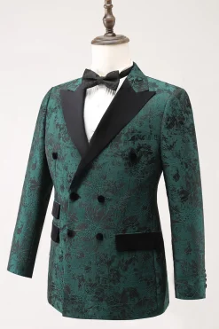 Dark Green Peak Lapel Double Breasted 2 Piece Jacquard Men's Prom Suits