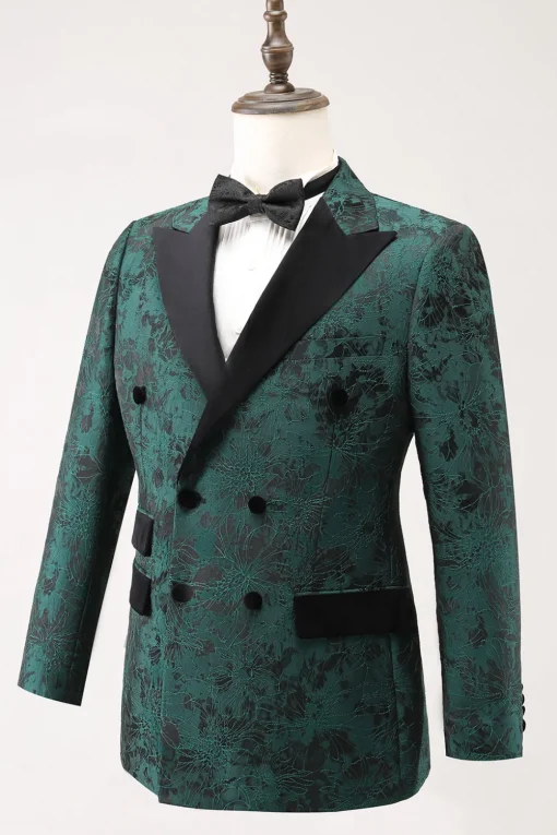 Dark Green Peak Lapel Double Breasted 2 Piece Jacquard Men's Prom Suits