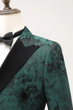 Dark Green Peak Lapel Double Breasted 2 Piece Jacquard Men's Prom Suits