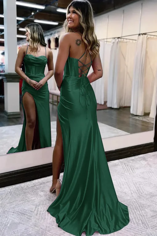 Dark Green Satin Mermaid Corset Prom Dress with Slit