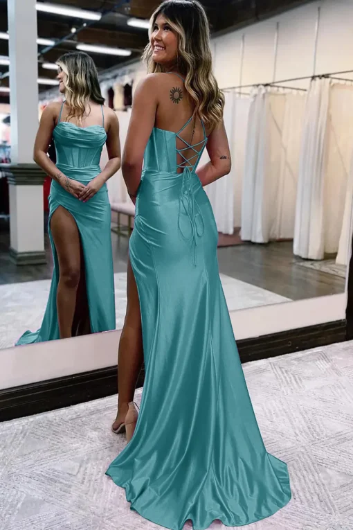 Dark Green Satin Mermaid Corset Prom Dress with Slit