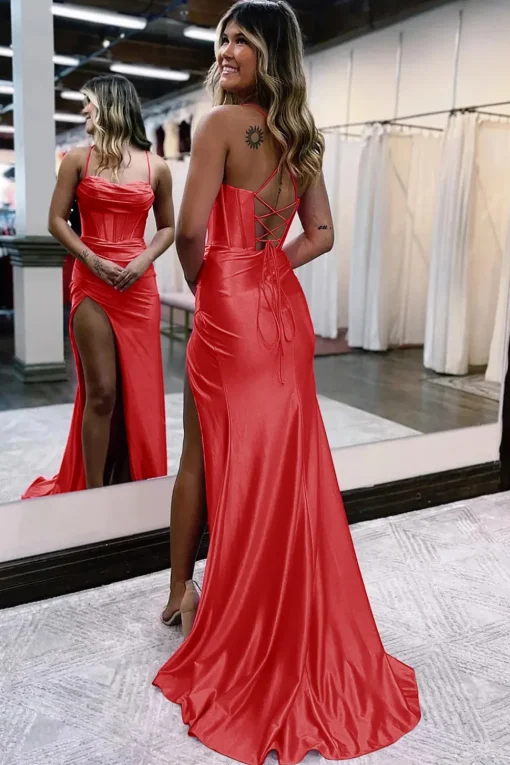 Dark Green Satin Mermaid Corset Prom Dress with Slit