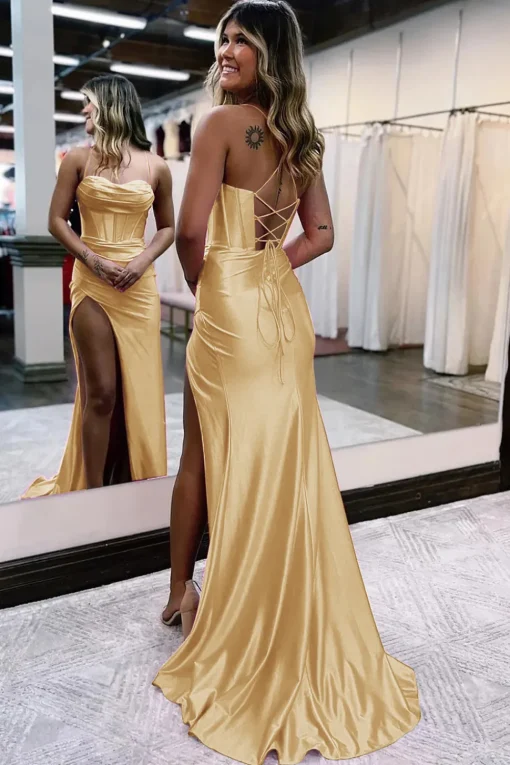 Dark Green Satin Mermaid Corset Prom Dress with Slit