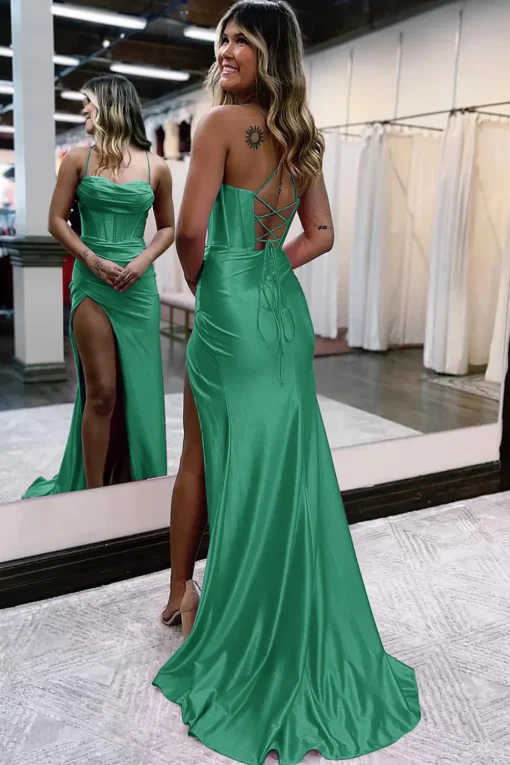 Dark Green Satin Mermaid Corset Prom Dress with Slit